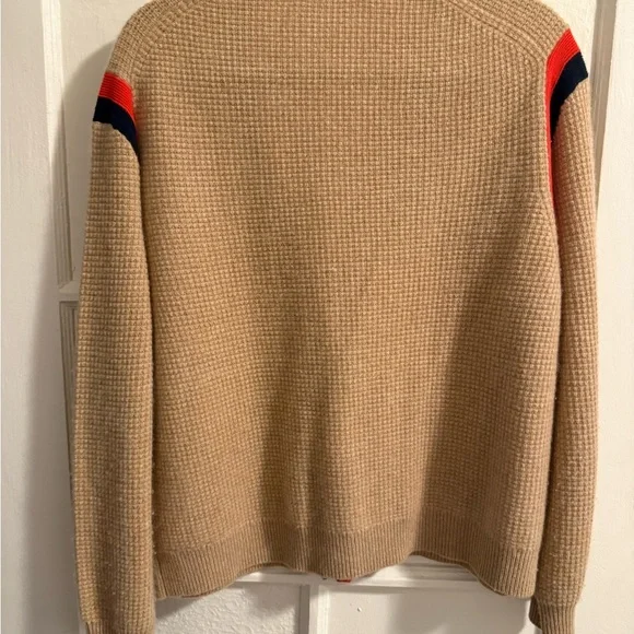 J. Crew Cashmere Tan Cardigan Sweater with Red and Navy Accents - Picture 2 of 5